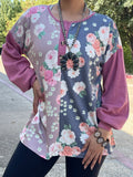 Small,  Half Floral, button front, pink long sleeve top