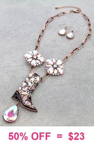 Big Bling Cowgirl Boots rhinestone Copper necklace