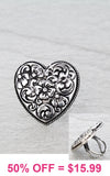 Silver tooled heart ring - adjustable