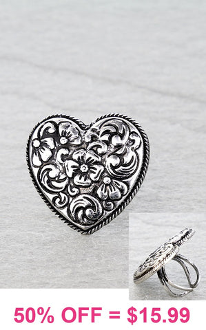 Silver tooled heart ring - adjustable