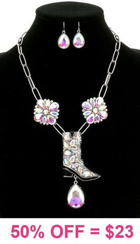 Big Bling Cowgirl Boots rhinestone silver necklace