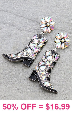 Bling Rhinestone Black boot Silver earrings