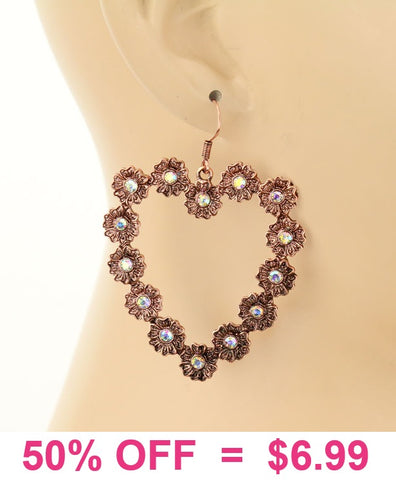Copper heart outline earrings with bling