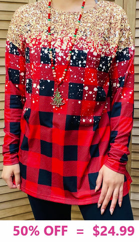 Red Plaid long sleeve with faux gold glitter print