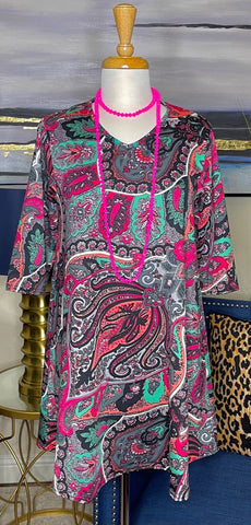LARGE : Pink & Grey paisley flutter tunic