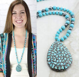 Turquoise Beaded Necklace with teardrop pendant