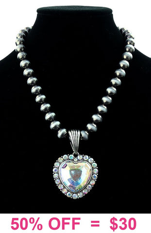 Silver Navajo pearl necklace with bling heart pendant