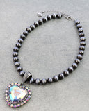 Silver Navajo pearl necklace with bling heart pendant