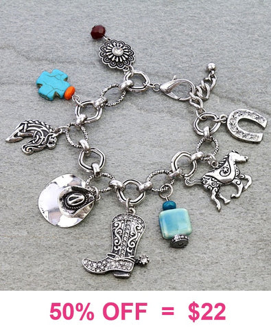 Cowgirl charm bracelet silver tone