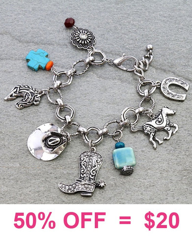 Cowgirl charm bracelet silver tone