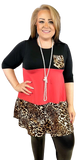 S-M-L : Black, Coral, and Leopard Color Block Flutter Tunic with Pocket