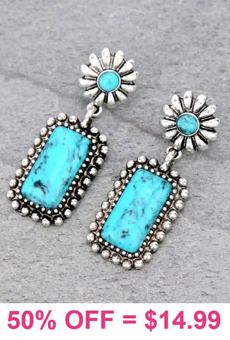 Western Post Earrings with Silver Border & Turquoise Rectangle Stone