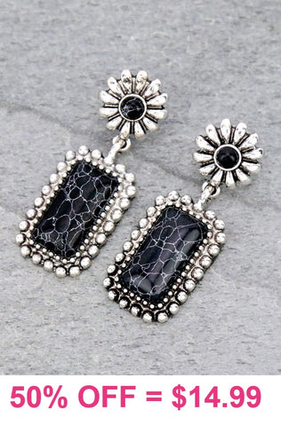 Western Post Earrings with Silver Border & Black Rectangle Stone