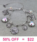 Silver Coin, bling heart, charm bracelet