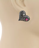 Silver Tooled Heart stud earrings pink stone