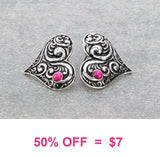 Silver Tooled Heart stud earrings pink stone