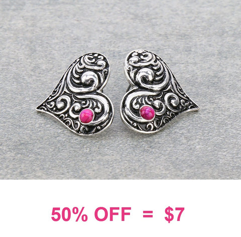 Silver Tooled Heart stud earrings pink stone