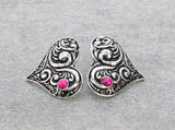 Silver Tooled Heart stud earrings pink stone