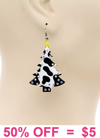 Black and White Cow print Christmas tree earrings
