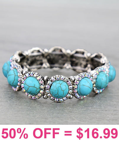 Turquoise round stone  with bling trim stretchy bracelet