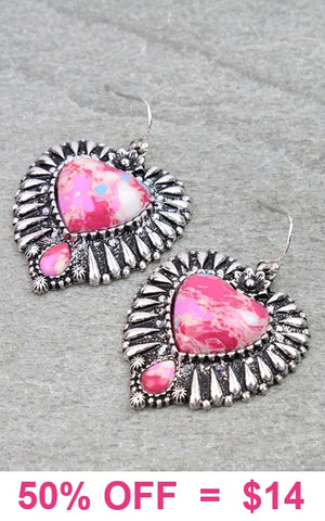 Pink speckled heart earrings with silver border