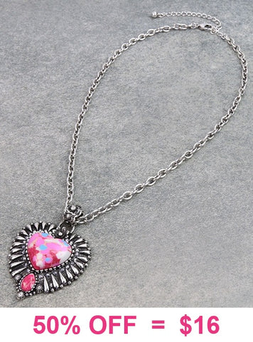 Pink speckled heart with silver border pendant necklace