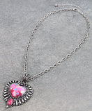Pink speckled heart with silver border pendant necklace