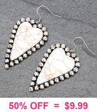 Cream Stone Heart Earrings with Silver Bling Border