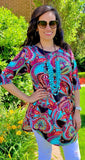 SM, LRG : Black, Turquoise, Multi Paisley Scoop Tunic