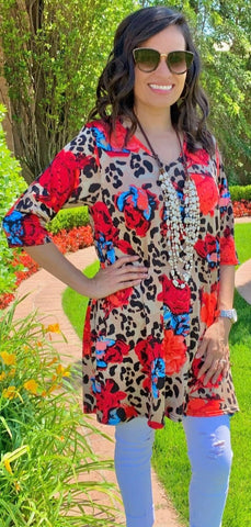 Taupe Leopard & Coral Floral Flutter Tunic