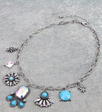 Silver necklace with bling & turquoise charms