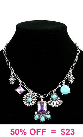 Silver necklace with bling & turquoise charms