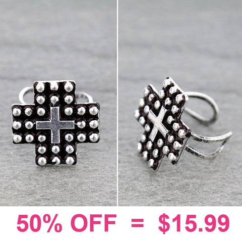 Silver studded cross ring