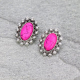 Pink Oval Stone Stud Earrings with silver border