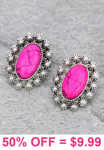 Pink Oval Stone Stud Earrings with silver border