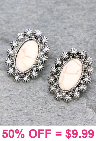 Cream Stone Stud Earrings with silver border