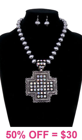 Silver Navajo pearl necklace with Bling cross concho pendant