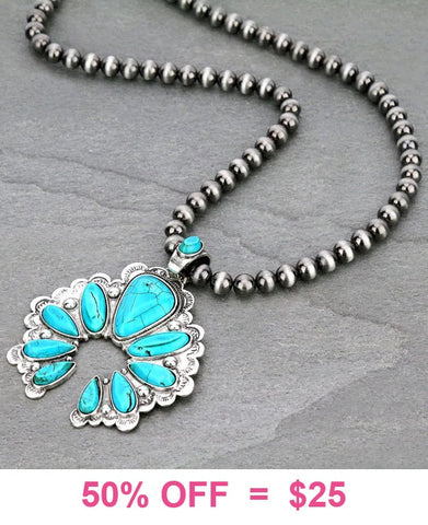 Silver Single Strand Navajo Pearls with Turquoise Stone Squash Blossom Pendant