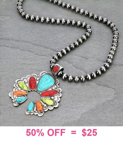 Silver Single Strand Navajo Pearls with Multi Color Stone Squash Blossom Pendant