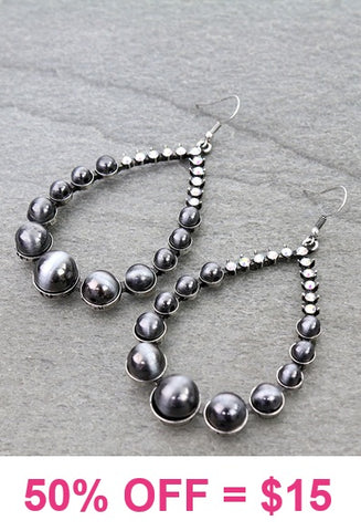 Silver Navajo pearl beaded teardrop earrings with bling