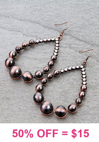 Copper Navajo pearl beaded teardrop earrings with bling
