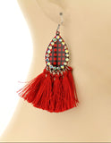 Red plaid teardrop earrings with tassels