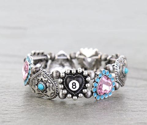 8 Ball, Bling & Turquoise Heart stretch bracelet