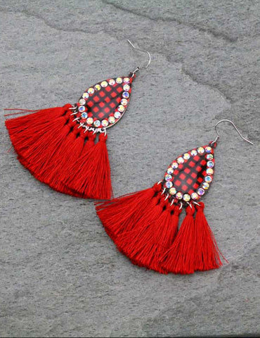 Red plaid teardrop earrings with tassels