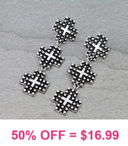 Silver Studded cross dangle earrings