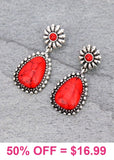 Western Drop Post Earrings with Silver Border & Red Stone