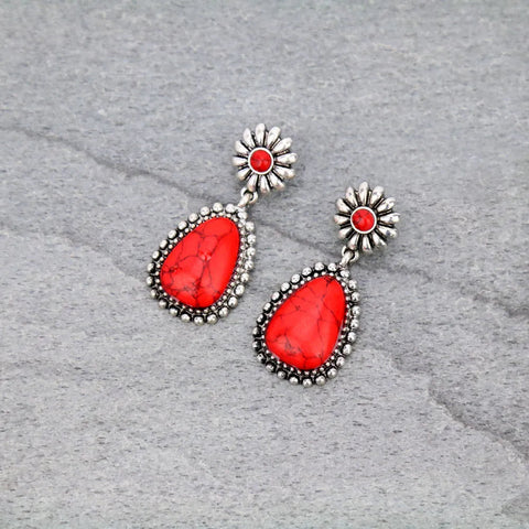 Western Drop Post Earrings with Silver Border & Red Stone