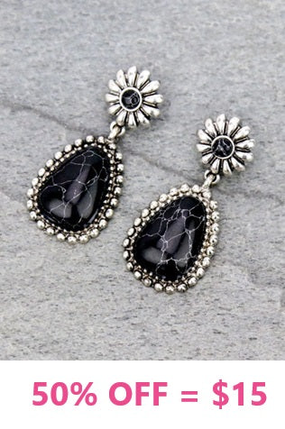 Western Drop Post Earrings with Silver Border & Black Stone