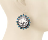 Silver Buffalo coin earrings with turquoise trim