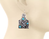Silver tag earrings with turquoise & checkered print designs